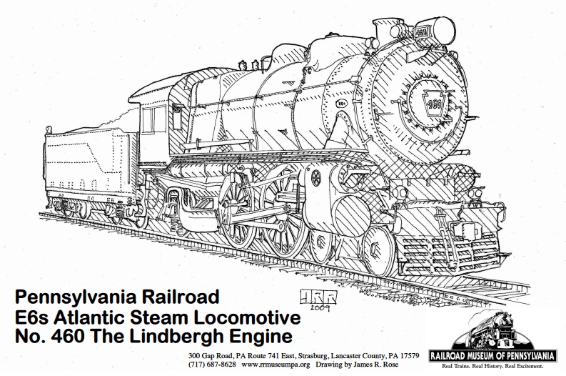 Pennsylvania Railroad E6s Atlantic Steam Locomotive, No. 460 The Lindbergh Engine, sketched on paper