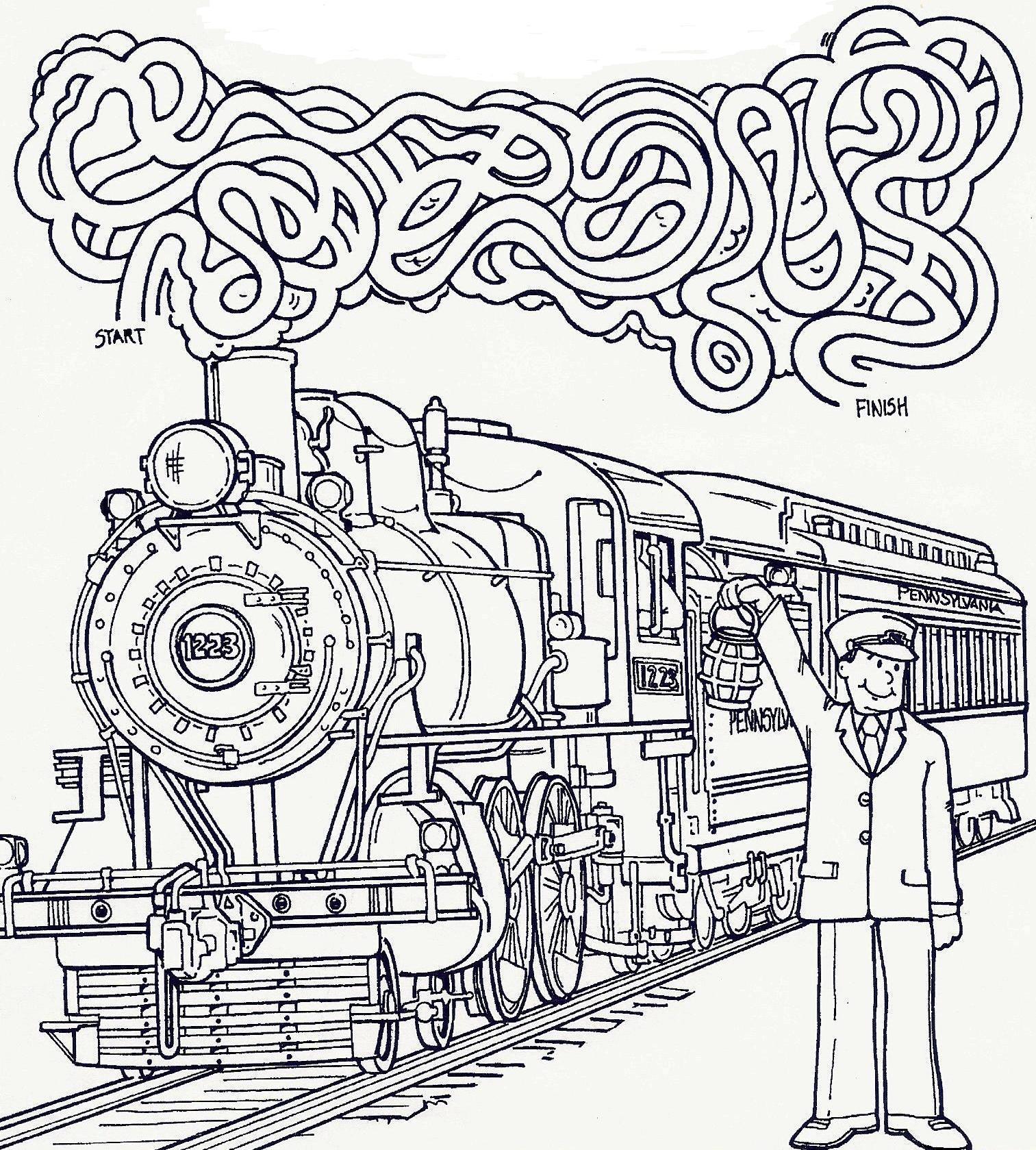 Graphic of steam engine with a puff of smoke which contains a maze for children.